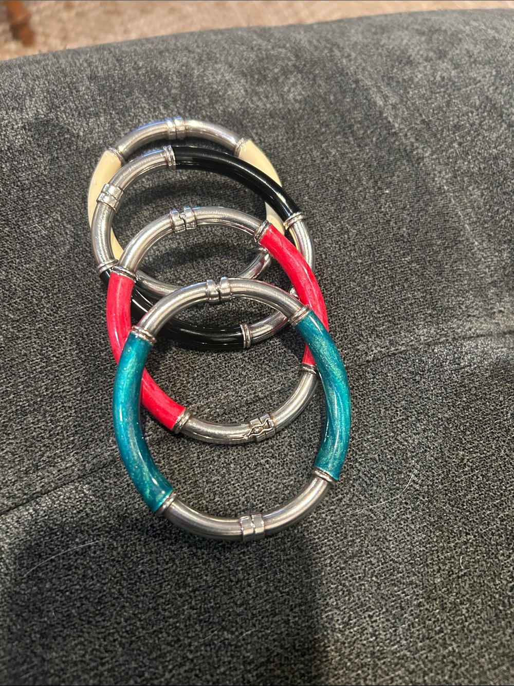 Women’s Colorful Enamel and Silver Hoop Bracelet Set - Red, Teal, Black, Cream